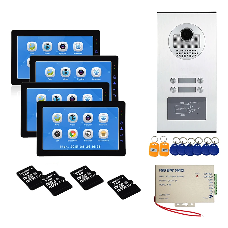 

9 inch Multi Apartments Families Video Doorbell Door Intercom System Record RFID Keyfobs Function with 4 Monitor for Apartments