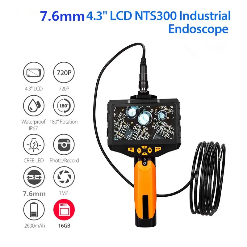 

NTS300 7.6mm endoscope camera 4.3 " LCD Display Monitor Snake Inspection Endoscope Case 6 LEDS Borescope 16GB Tube Camera
