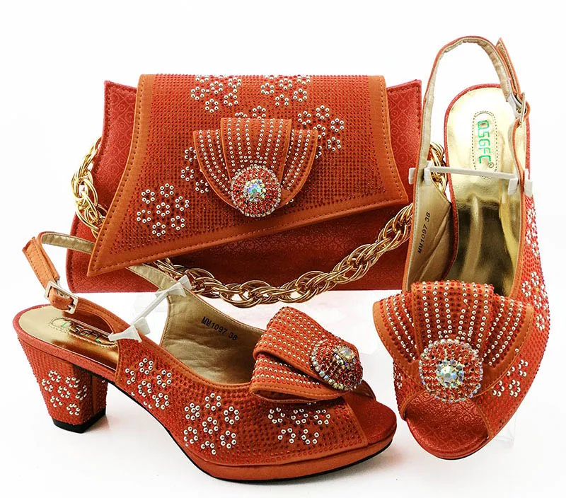 

2019 African Special Design Ladies Shoes and Bag Set Orange Color Italian Shoe with Matching Bag Comfortable Heel Women Shoe