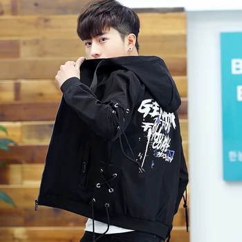 

Spring Autumn Men's Hooded Jacket Letters Printed Casual Coat With Straps Black Red Mixed Color Size M-XXXL Zip Up H21