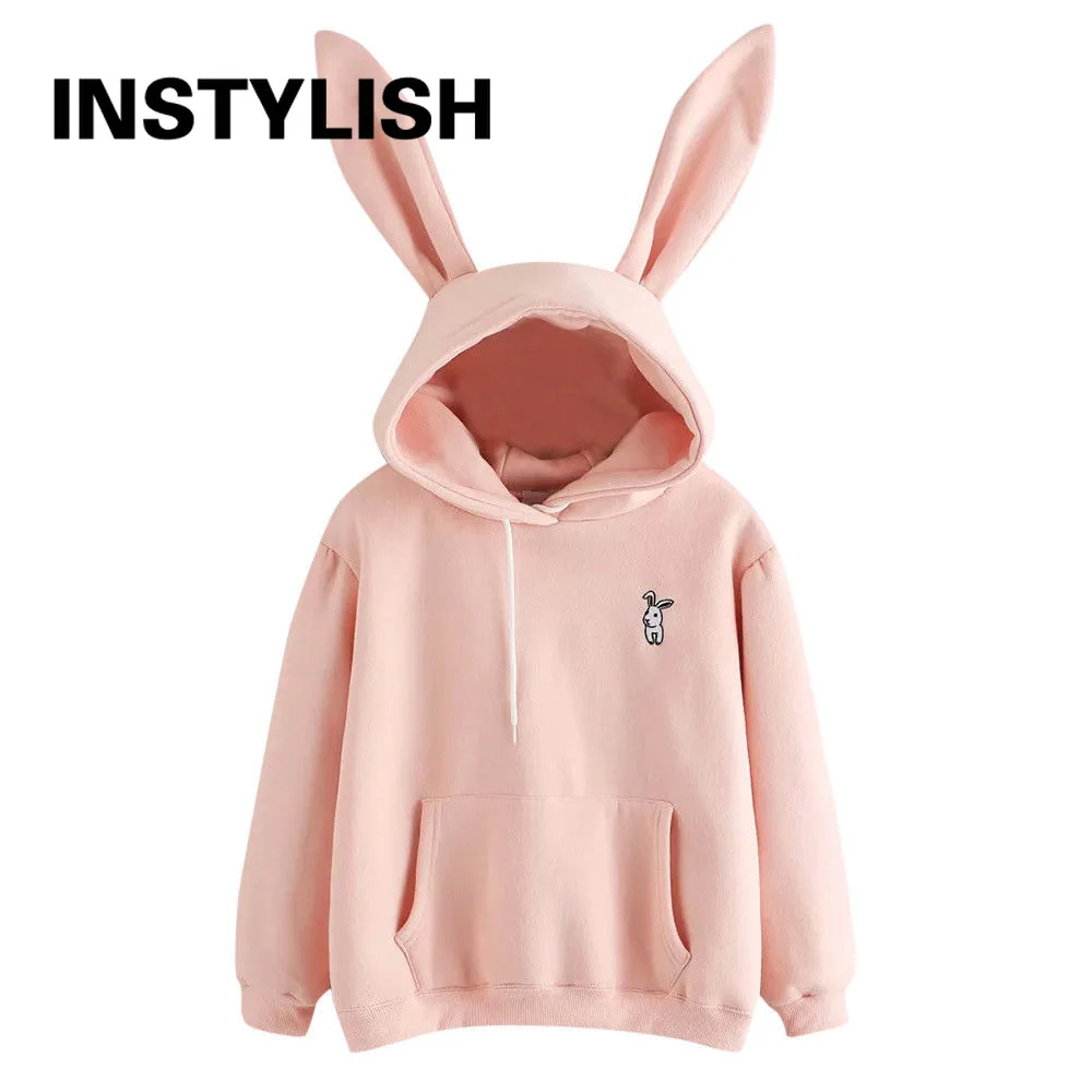 

Women Cute Rabbit Loose Hoodies Autumn Long Sleeve Fleece Butterfly Print Sweatshirt with Hood Casual Tops Kawaii Pullovers