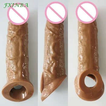 FXINBA 21cm Realistic Large Penis Sleeve Extender Large Reusable Penis Condom Delay Extension Sex Toy for Men Cock Enlarger 4