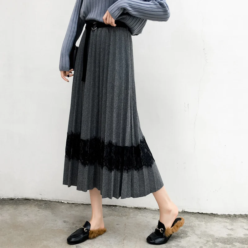 Gray Autumn Women Elasticity High Waist Long Pleated Skirt Female Clothing Fashion Patchwork Sashes saias midi para as mulheres - Цвет: Gray