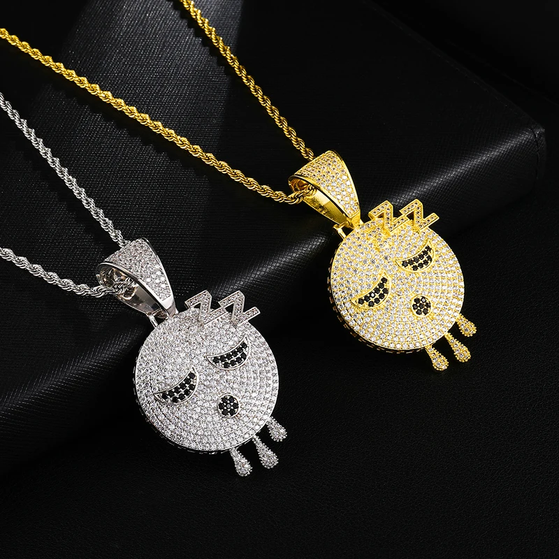 

Iced Out Bling Copper Emoji Drip Micro Paved Ghost Necklace & Pendants For Men Rapper Hip Hop Jewelry