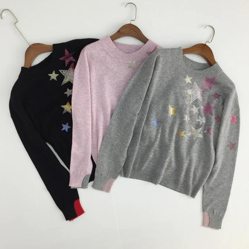 Women Sweater Winter Niche Hot Diamond Star Knit Long Sleeve Round Neck Cashmere Loose Female Sweater