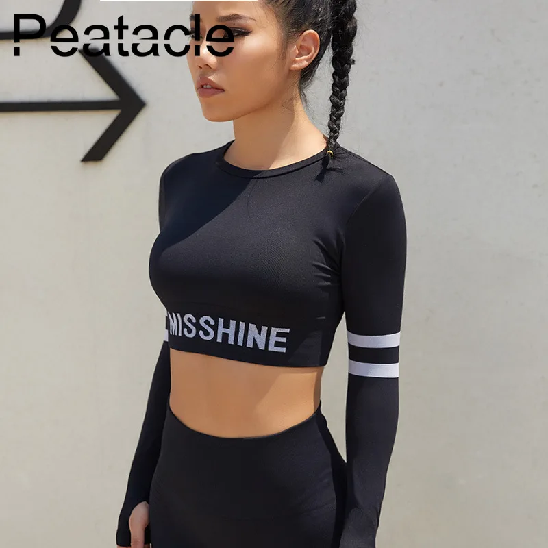 Peatacle, укороченный топ, для йоги, Спортивная, с длинным рукавом, для фитнеса, женская, быстросохнущая, дышащая, для пупка, колготки, Playera Mujer, для спортзала, с акулой, Топ