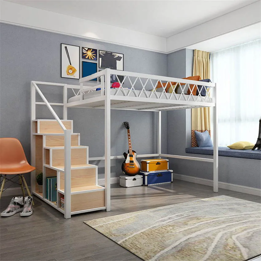  Twin Size Space-Saving Metal Loft Bunk Bed Single Modern Student Dormitory Sturdy Frame Guard Rail Stairs | Мебель