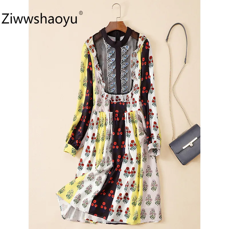 Ziwwshaoyu/элегантное платье с цветочным принтом, женское сексуальное кружевное платье с вышивкой и длинным рукавом, Осенние вечерние платья