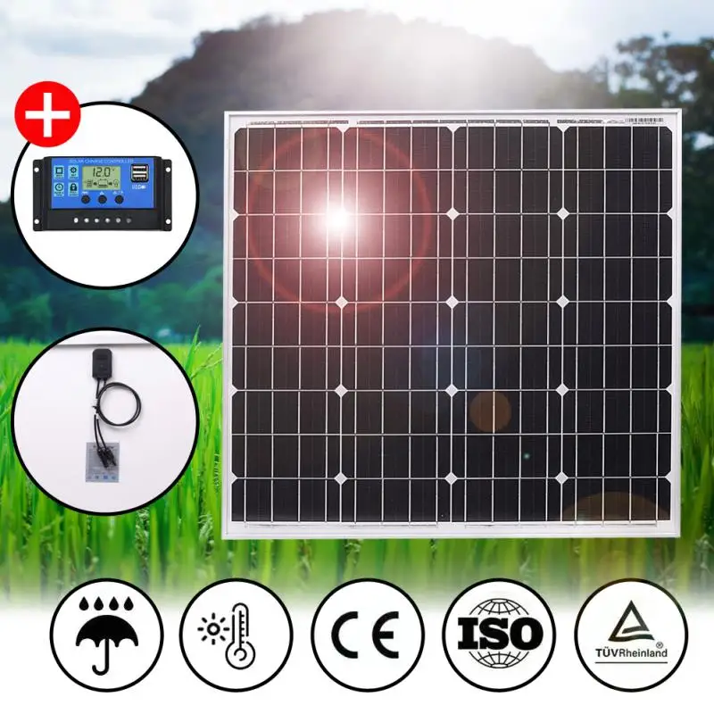 Dokio 60W Photovoltaic Solar Panel+10A 12V/24V Controller 18V home Panel 10 Watt+5V Dual USB Charger Regulator kit | Электроника