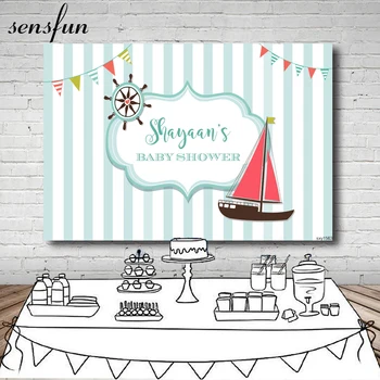 

Sensfun Anchor Nautical Seagoing Vessel Backdrop Light Green White Striped Bunting Boys Baby Shower Birthday Party Backgrounds