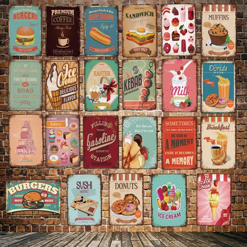 [DecorMan] гамбургеры кебаб мороженое Фаш еда торт винтажный металлический постер настенная доска картины Бар Декор LT-1796