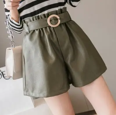 Army Green Корейские модные офисные женские кожаные шорты с высокой талией осенние женские шорты с высокой талией из искусственной кожи с карманами - Цвет: Army Green