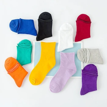 

Korean Solid Color Harajuku Women's Socks spring summer Casual Cotton Socks In Tube Purple Blue Yellow Designer Christmas