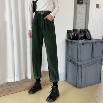 

HziriP High Waist Corduroy Students Half-Elastic Waist Loose Chic Straight Casual Slender Large Size Solid All Match Trousers