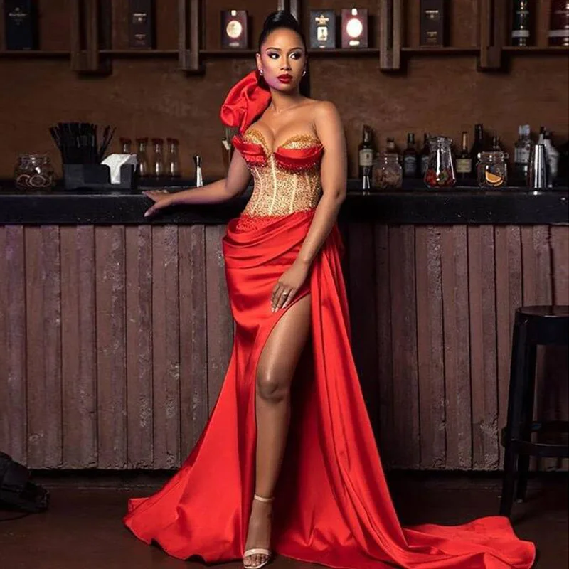 

Eightale Arabic Evening Dresses One Shoulder Side Split Pleats Red Satin Sexy Mermaid Prom Gown Dubai Formal Party Dress 2021