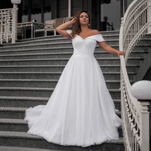 

2021 Plus Size Wedding Dresses Modest Off The Shoulder V Neck Appliques Sexy A Line Long Train Bridal Gowns Vestidos De Novia