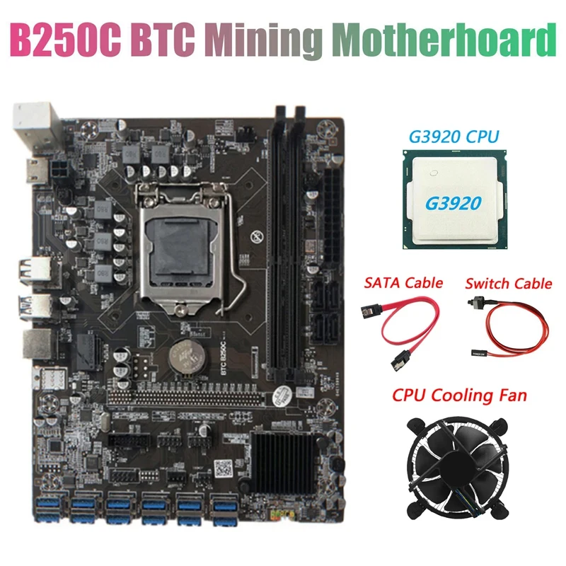 budget gaming pc motherboard B250C BTC Mining Motherboard with G3930 CPU+Fan+SATA Cable+Switch Cable 12*PCIE to USB3.0 GPU Slot Support DDR4 DIMM RAM cheap motherboard for pc