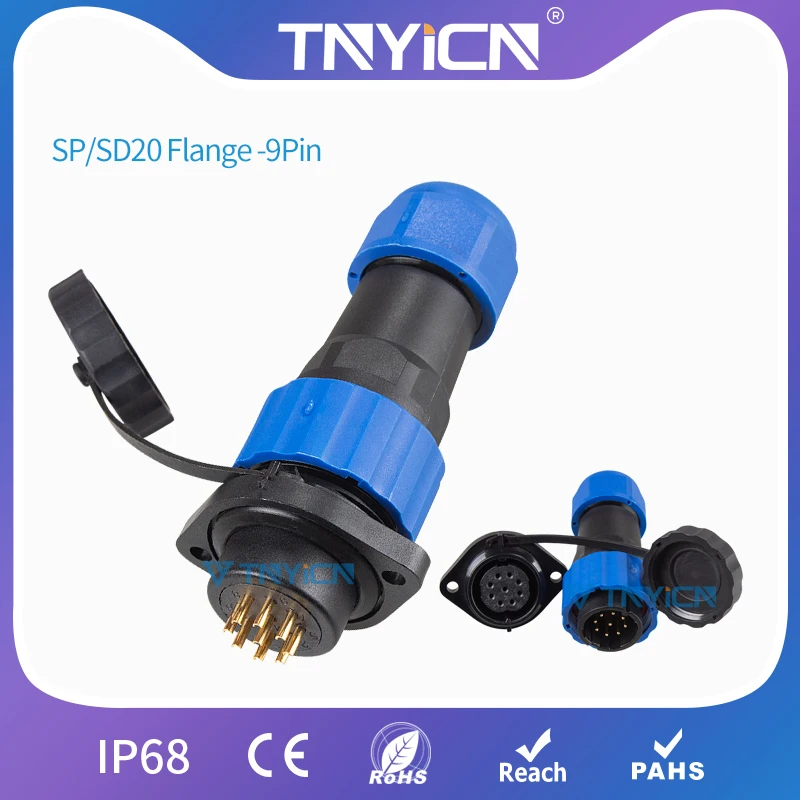 9-контактный фланцевый водонепроницаемый разъем IP68 SP/SD20, Панельное крепление, проводные соединители, авиационный штекер и гнездо, светодиодный разъем, гнездо