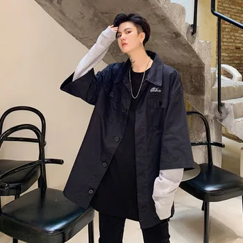 

Male Vintage Streetwear Hip Hop Jackets Outerwear Men Long Sleeve Splice Loose Casual Coat Cardigan Overcoat