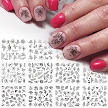 12 различных черный цветок лист наклейки для ногтей наклейка цветочные бабочки полые печати воды слайдер набор маникюрные обертывания LEBN1189-1200