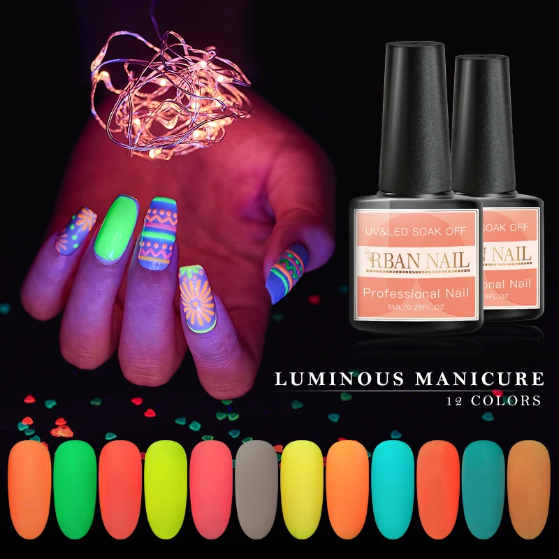 

RBAN NAIL Luminous UV Gel Polish Led Lamp Neon Nail Polish Candy Colors Glow In Dark Gel Nail Polish Nail Art Vernis Gellak