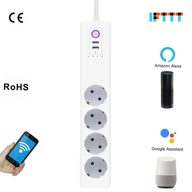 

EU RUS WiFi Smart 4 Outlet 2 USB Power Strip Power Supply Socket Surge Protector Plug Voice Controlled 100-240V Network Filter