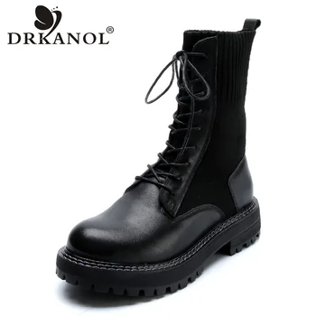 

DRKANOL Autumn Winter Women Boots Fashion Genuine Leather Women Warm Boots Comfortable Round Toe Non-slip Mid Calf Casual Boots