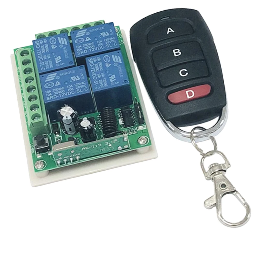 Wireless Remote Control Switch, 433MHZ Relay Receiver Module RF for Home Light/Lamp/Electronic Applicance, 433Mhz, (4 Buttons)