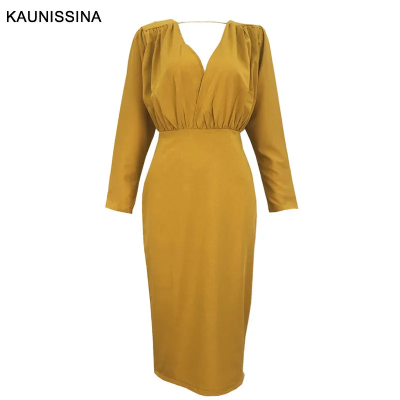 KAUNISSINA Bodycon Dress Elegant Cocktail Gown Solid V Neck Long Sleeve Knee-Length Robe Pencil Cocktail Dresses