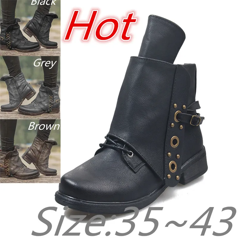 

2020 Autumn Hot Style Women's Boots Retro Square Heel Rivet Ankle Boots Low-heeled Non-slip Round Toe Kick-proof Tooling Shoes