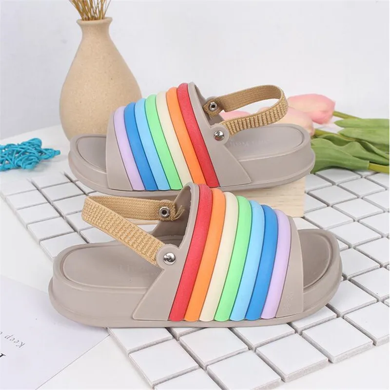 Mini Melissa/Новинка года; прозрачные сандалии в радужную полоску; обувь для девочек; нескользящие пляжные сандалии для девочек; Детские прозрачные сандалии Melissa