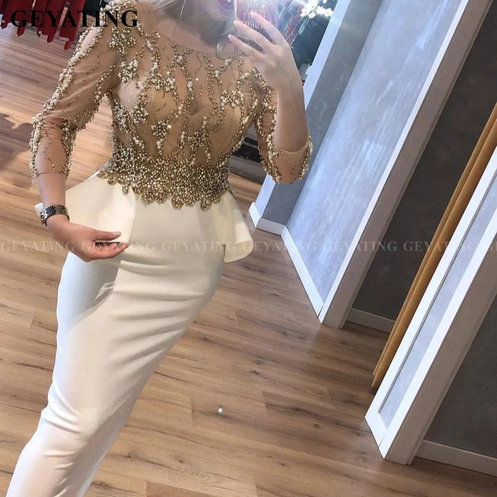 Elegant White Straight Muslim Evening Dress Long Sleeves Arabic Formal Dresses Elegant Pearls Dubai Long Prom Party Gowns