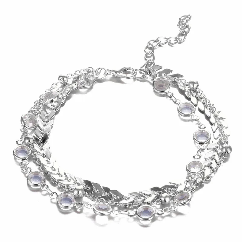 silvery Набор ножных браслетов в богемном стиле с кристаллами и блестками, модный браслет на щиколотке ручной работы для женщин, летняя цепочка на ногу, Пляжная бижутерия - Окраска металла: silvery
