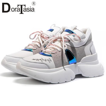 

DORATASIA Brand New INS Hot Dad Shoes Genuine Leather Mixed Colors Sneakers Flat Platform Shoes Woman Leisure Soft Flats Women