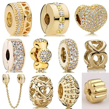 

Gold Shine Pave Logo Hearts Path Modern LovePods Inspiration Elegance Clip Beads Fit Bracelet 925 Sterling Silver Charm