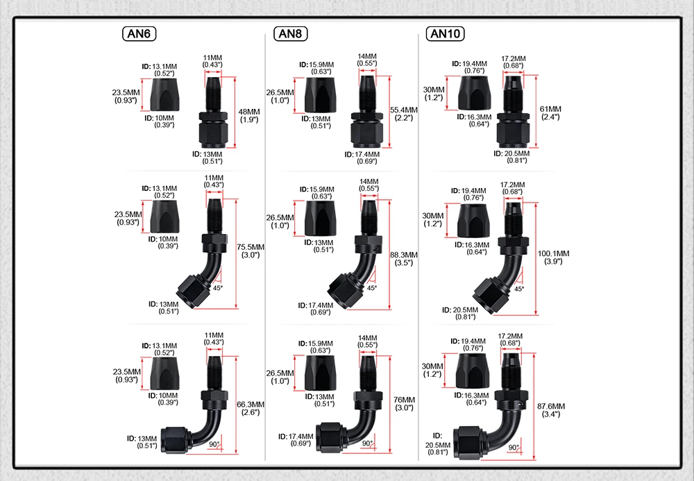 AN6 AN8 AN10 Straight 45 90 180 Degree Oil Fuel Swivel Hose End Fitting Oil Hose End Adaptor Kit Black