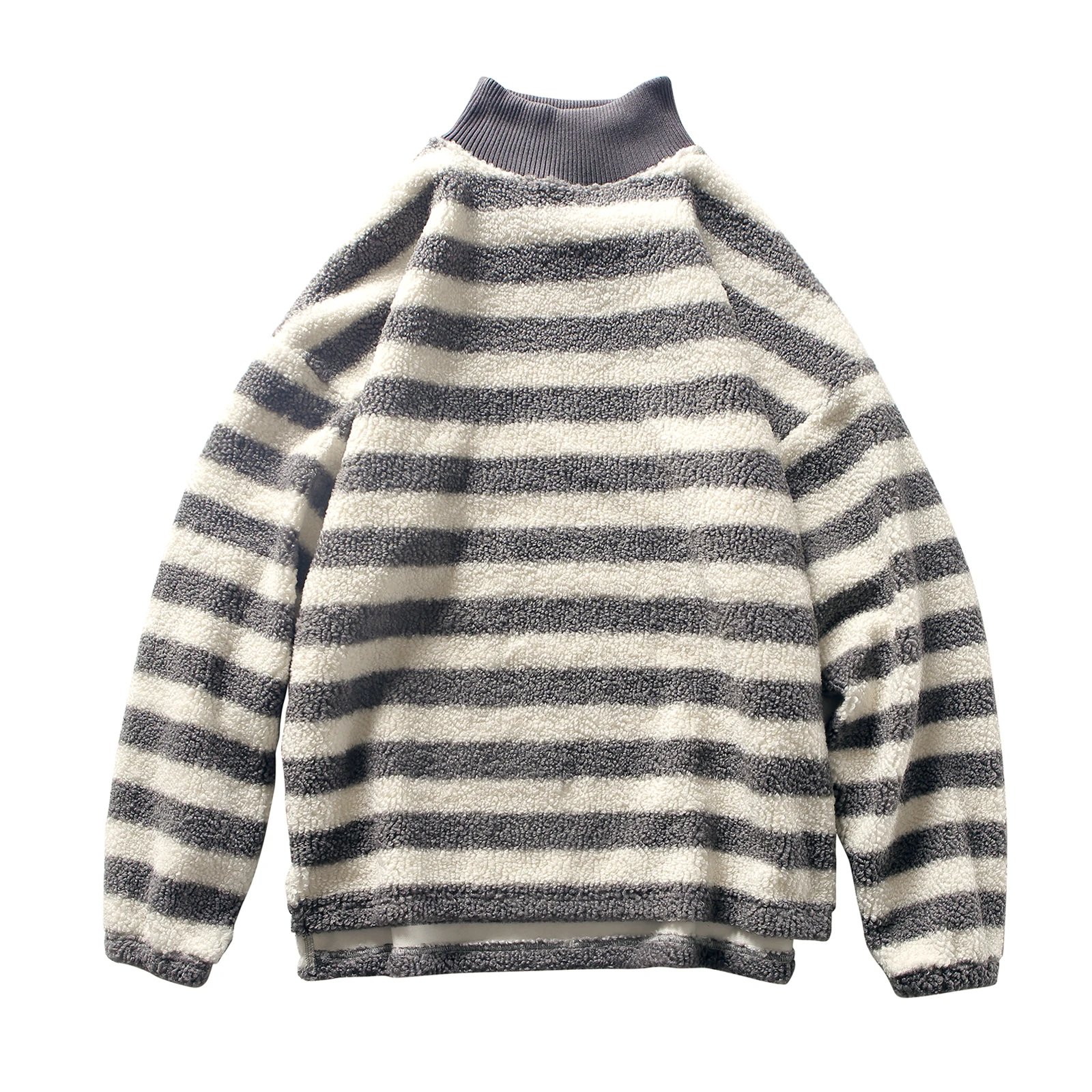 

2020 Hong Kong style loose turtleneck lamb pullover sweater with wide stripe and thick undercoat for men and women