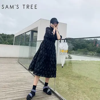 

SAM'S TREE Black Solid Irregular Lace Up Casual Women Chiffon Dresses 2020 Autumn Vintage Korean Ladies Multi-Layer Daily Dress
