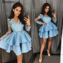 Короткий светильник синие Выпускные платья с длинными рукавами молния сзади выше колена Длина многоярусные юбки Выпускные вечерние платья для вечера встречи выпускников платье