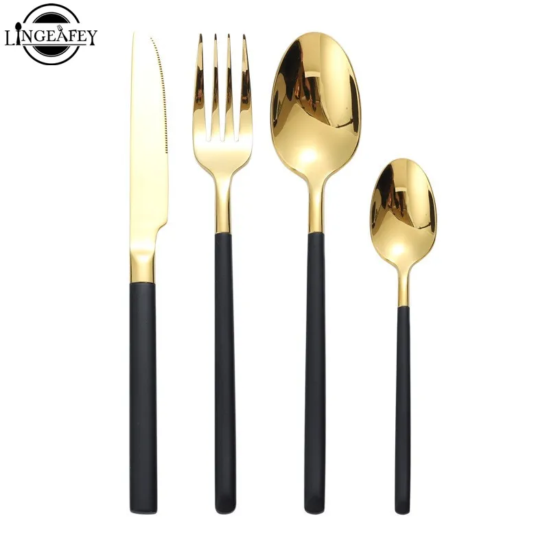 304 Stainless Steel Flatware Set Black Gold Spoon Silverware Set,Service for 4 
