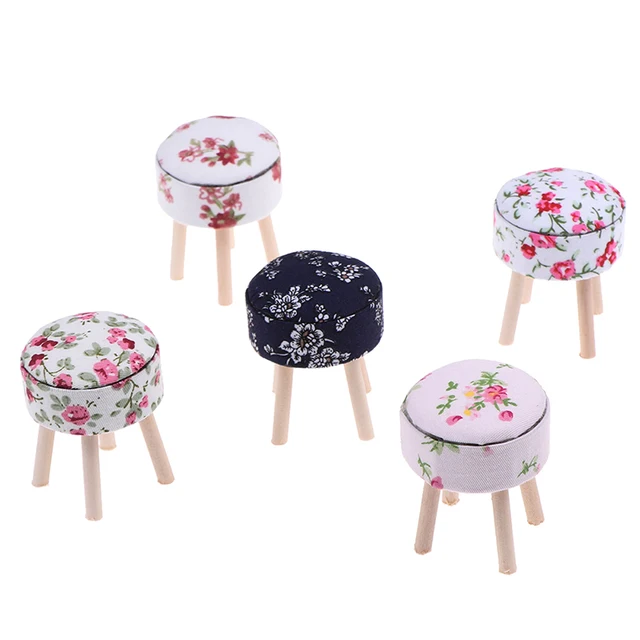 1/12 Scale Dollhouse Miniature Wooden Table Furniture Round Floral Stool Chair  for Dolls House Decor Kids Pretend Play Toy 5