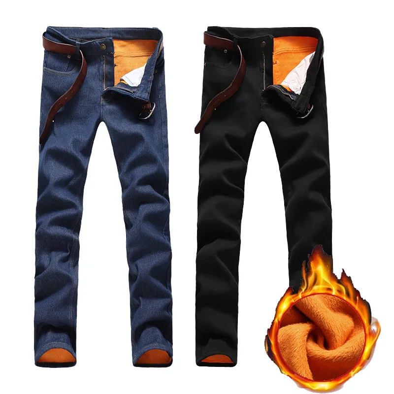 

2019 winter men's jeans feet pants men plus velvet thick warm casual denim long pants men's solid color Slim large size jeans