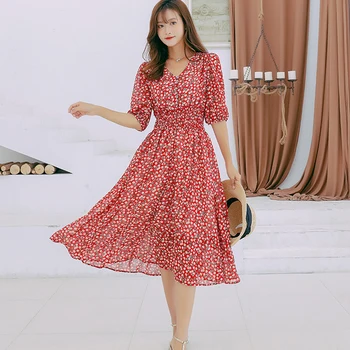 

Women Vintage V-neck High Waist A-line Chiffon Dress Summer Short Sleeve Front Buttons Printed Female Midi Dress