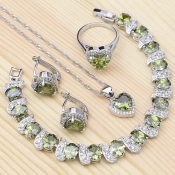 

Heart Silver 925 Bridal Jewelry Sets For Women Olive Green Cubic Zirconia Ring Bracelet Necklace Pendant Stud Earrings Set