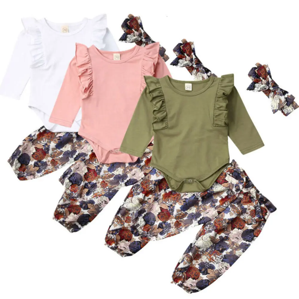 

3pcs Newborn Baby Girls Tops Romper Floral Pants Headband Outfits Set Clothes