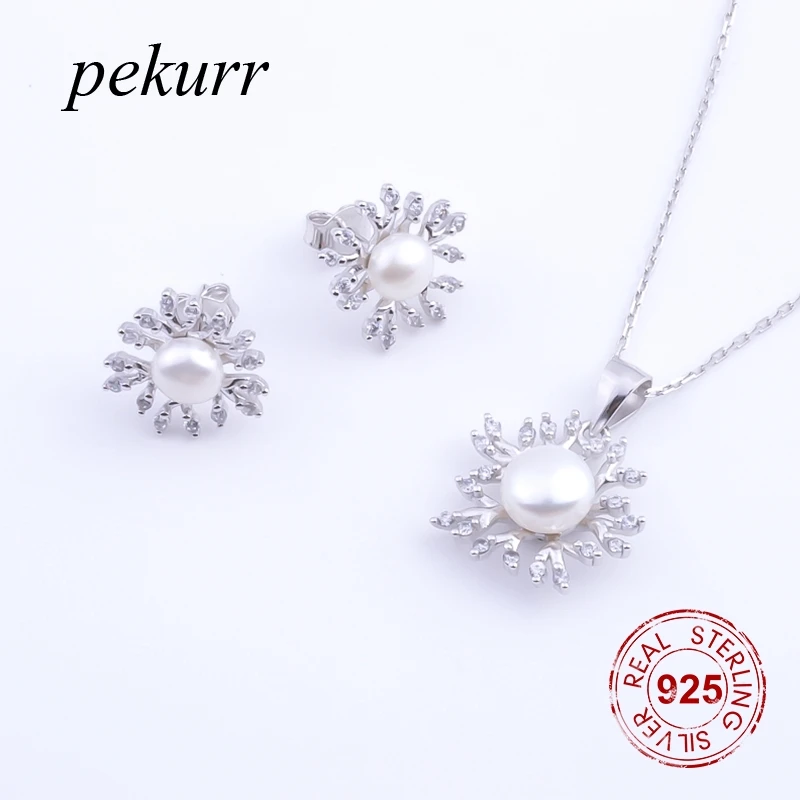 Pekurr 925 пробы серебряные Ювелирные наборы Снежинка цветок CZ ветка пресноводный натуральный жемчуг женские серьги-гвоздики ожерелья кулон