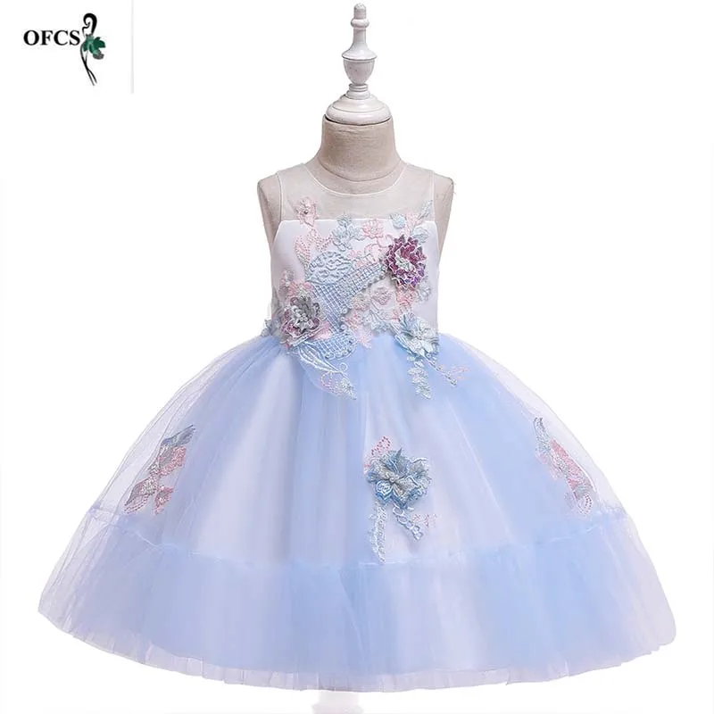 Girls Dress Flower Embroidery Lace Dress Girl Wedding Bridesmaid Dress Children Costumes Girl Host Performance Dress 4-12 Years