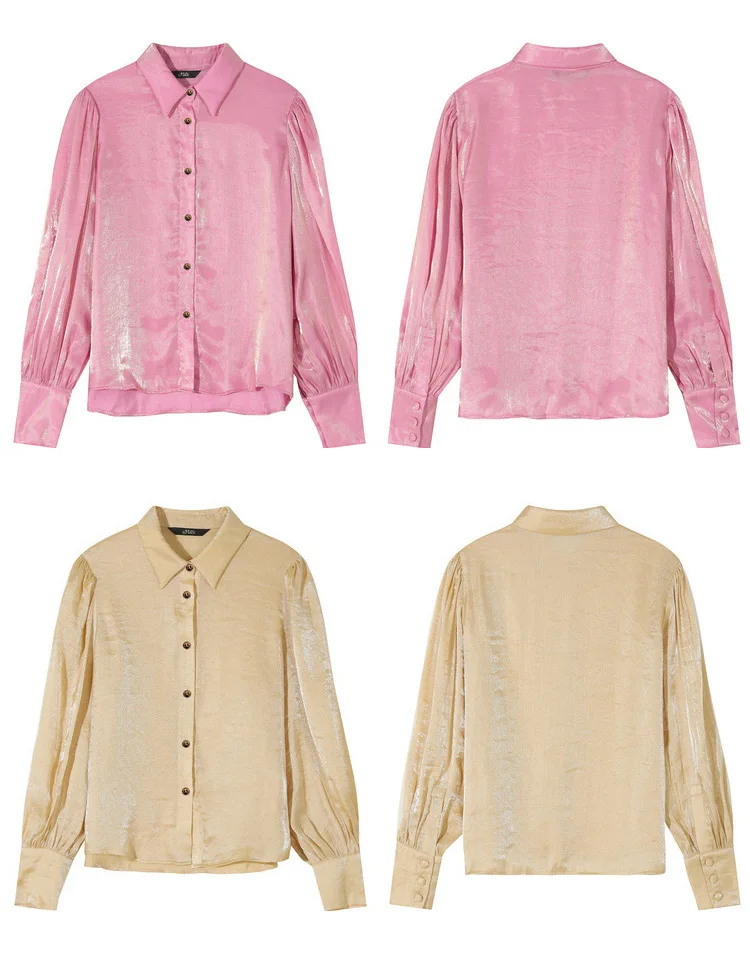 ELFSACK, розовая однотонная сатиновая шифоновая блузка, рубашка для женщин, осень, цвет хаки, однобортный, с рукавом Бишоп, для офиса, женские блузки