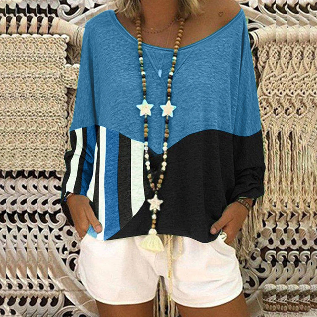 JAYCOSIN Fashion Blouse Casual Loose Round Neck Long Sleeve Color Matching Shirts Blouses Embroidery Casual Women Full Shirt 722