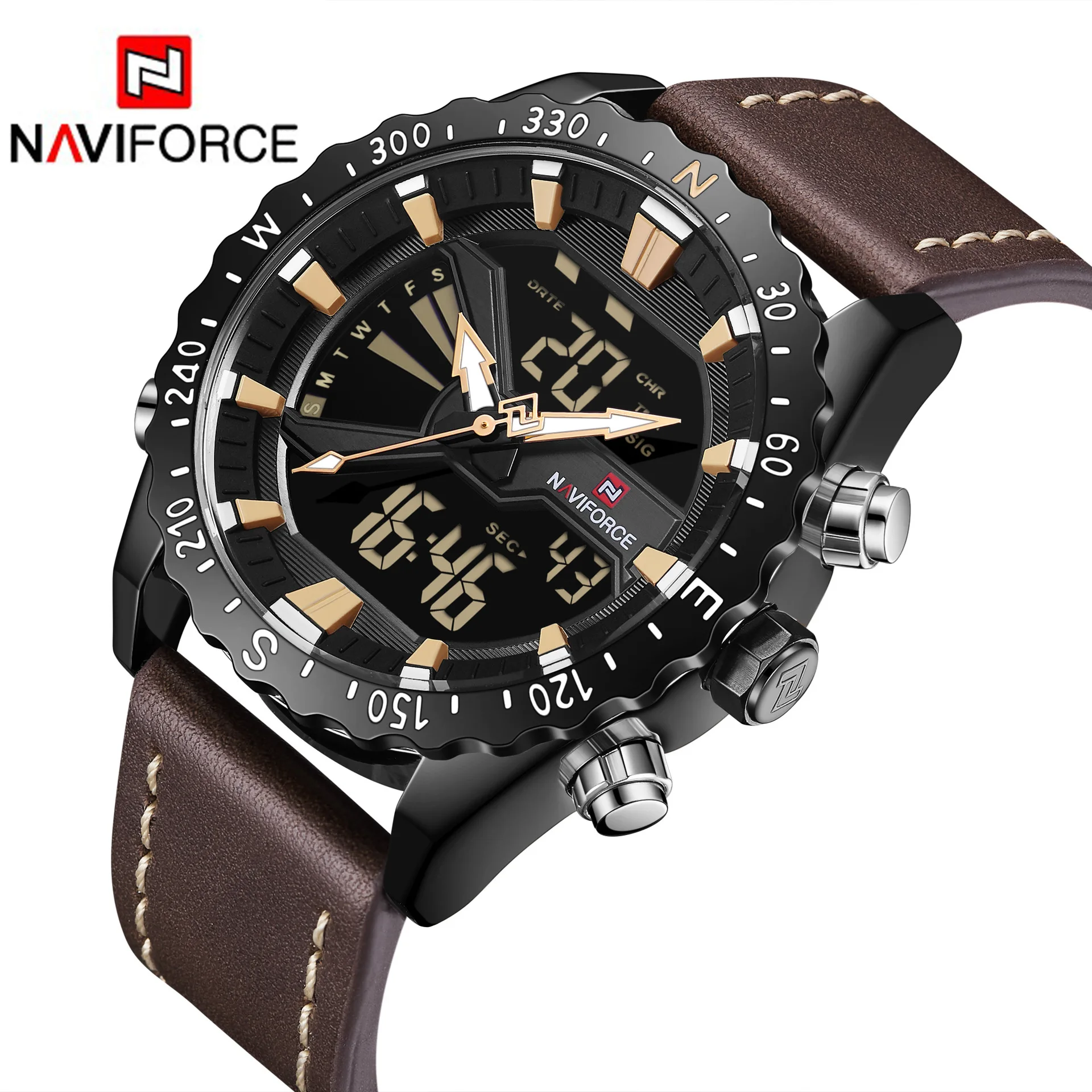 

Naviforce Xiang 9136 MEN'S Leather Belt Watch Waterproof Casual Dual Display Quartz Watch Students New Style Watch